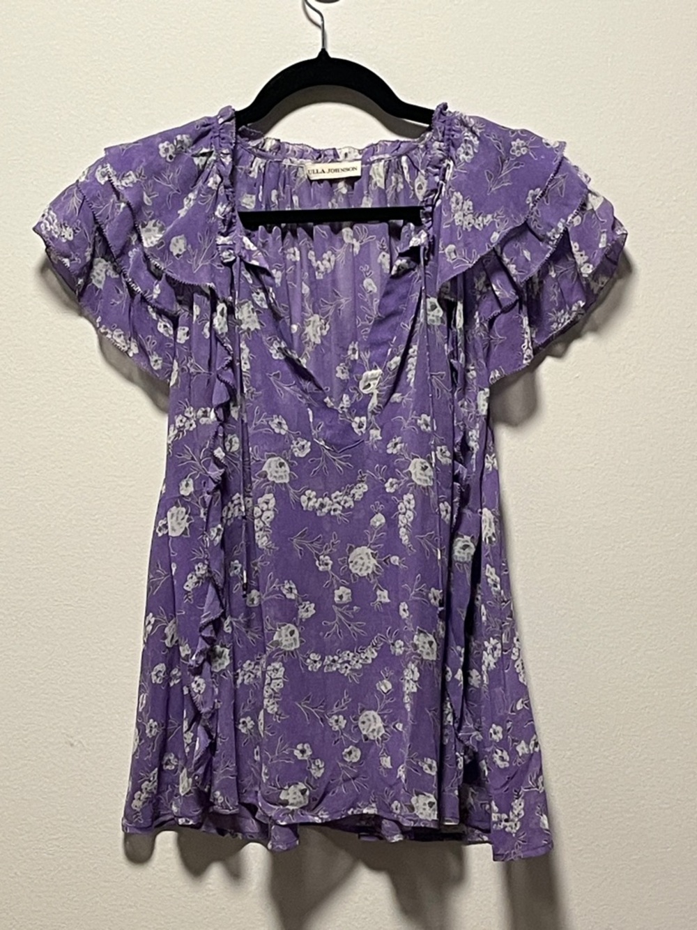 ULLA JOHNSON Lavender/Purple Floral Ruffle V-Neck Blouse, 100% Silk, Size 6